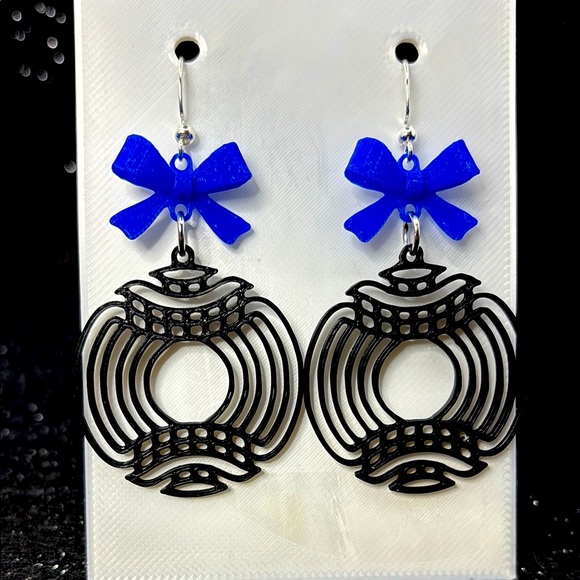 Handmade Jewelry - Black and Blue Bow Dangle Earrings